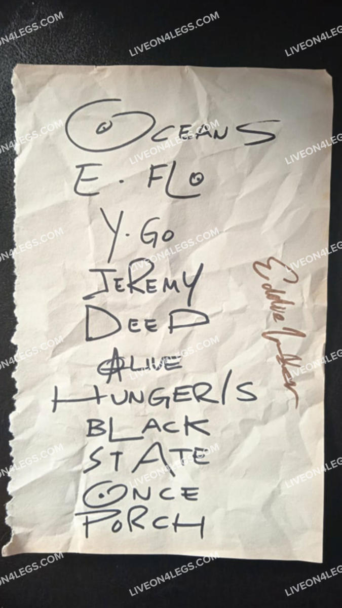 Handwritten Setlist from Newcastle, UK Signed by Eddie Vedder -(2/22/1992)