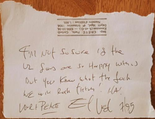 Handwritten note by Eddie Vedder from 1993 Tour